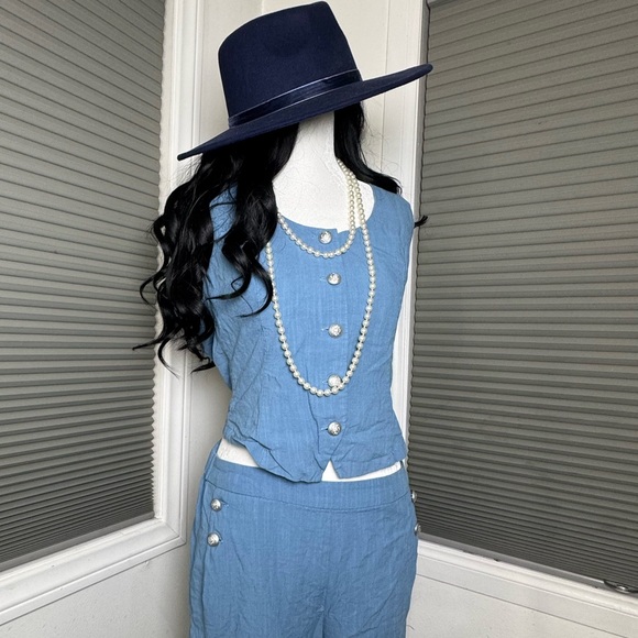 GLC Blue Silk Vest & Wide-Leg Pant Set | Tailored | Y2K Minimal Chic - Picture 1 of 7